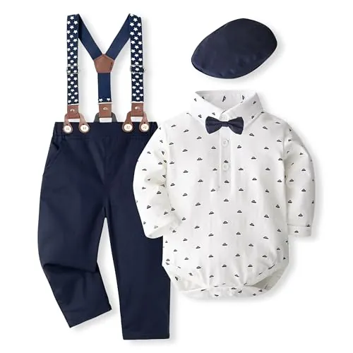 Volunboy Bebé Niño Caballero Conjunto, Cuadros Camisa con Pajarita + Tirantes Pantalones 4 Piezas Traje Ropa(3-6 meses,Barco Blanco,Tamaño 59)