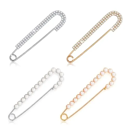 4 piezas Broches de Mujer, Imperdibles Broches de Mujeres Clips de Chal Suéter Cristal y Perla, Broche de Perla Simulada de Moda Pasador de Seguridad de Cristal de Perla de Doble Cabeza, 2 Estilos