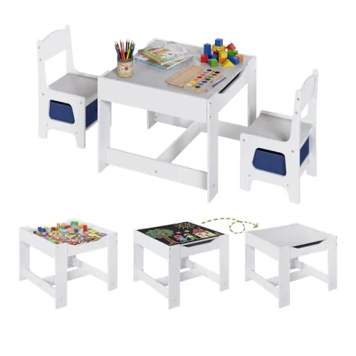 EUGAD Juego de Mesa y 2 Sillas Infantiles Gris + Blanco 0001ETZY | Tablero reversible con pizarra, compartimento y cajas bajo asiento, bordes redondeados, normas UE, 2-6 años, ahorra espacio