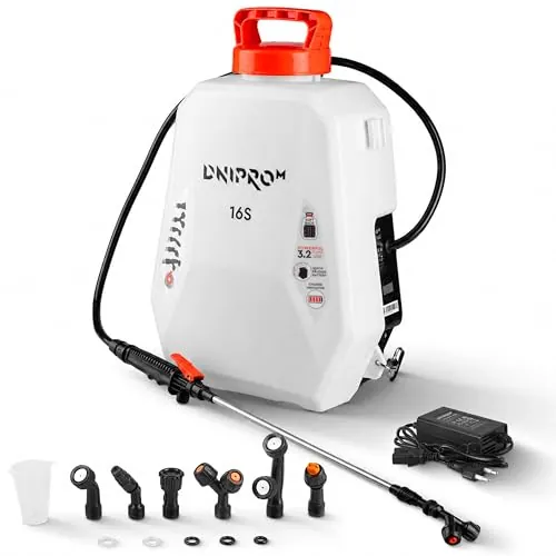 DNIPRO-M Pulverizador a Batería 16L Mochila Eléctrica 12V 8Ah, 4 Bar, 6 Boquillas, Lanza Telescópica 45-79 cm, Voltímetro Integrado, Sulfatadora para Jardín, Huerto y Cultivos - 16S
