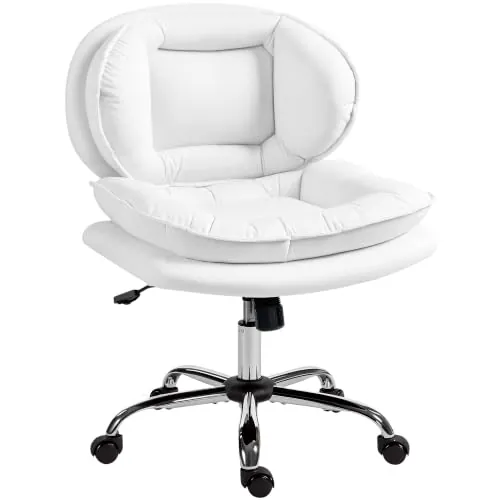 HOMCOM Silla de Oficina Piernas Cruzadas sin Brazos, Ruedas Blanco | Silla Tocador con Asiento Ancho, Altura Ajustable, Doble Acolchado, Giratoria, Función Basculante, Tapizada en PU