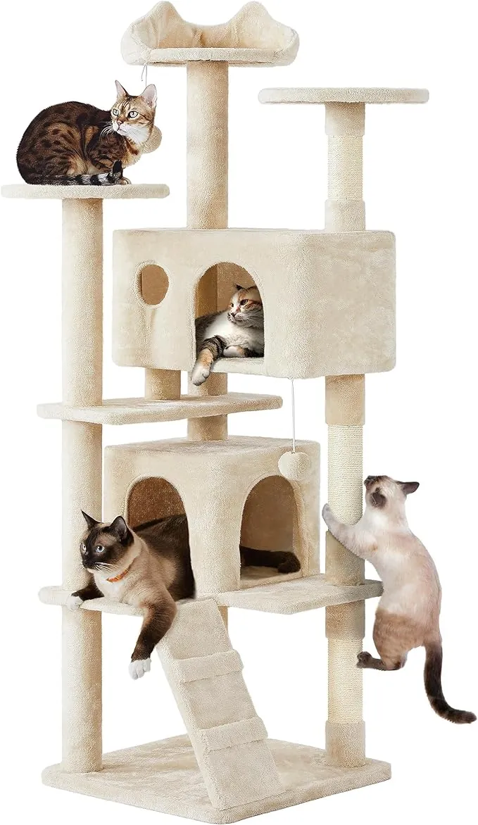 Yaheetech Árbol Rascador para Gatos Altura 178 cm Torre para Gato Multinivel con 3 Plataformas 2 Cueva para 3-4 Gatos Beige