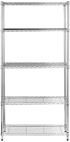 Amazon Basics - Unidad de Almacenamiento de 5 baldas con estantes Ajustables en Altura y Patas niveladoras, Peso máximo de 680 kg, Cromado, 35.6 cm x 91.4 cm x 182.9 cm (D x W x H)