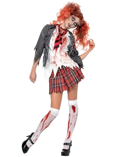 Smiffys Disfraz de colegiala zombi High School Horror, Gris, con blazer, blusa incorporada, corbata y falda Halloween, Carnaval