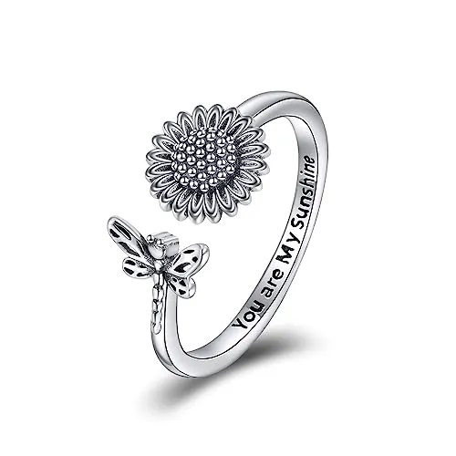 YFN Sunfower - Anillo de plata de ley vintage ajustable con girasol, regalo para mujeres y niñas, Plata de ley, Sin piedras preciosas