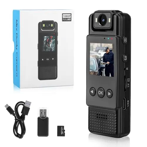 64 GB Mini cámara de cuerpo, HD 1080P Bodycam Corporal con grabación de audio y video, clip trasero, lente 180°, detección de movimiento de visión nocturna para civiles, policía de policía