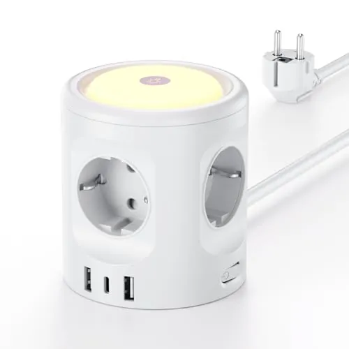 Torre Regleta Enchufes 16A con Luces LED Nocturnas 3 Modos de Iluminación, Cubo Regleta Enchufes con USB Alargador Enchufe 2M, Ladron Enchufes con Interruptor para Casa Oficina Enchufe Regleta
