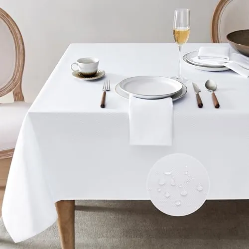 Softalker Mantel Antimanchas Rectangular 240x140 cm Blanco Jacquard Geométrico Manteles Repelente al Agua Protector de Mesa para Comedor,Cocina,Jardín,Cumpleaños,Fiesta,Picnic,Festivos,Boda,1 Pieza