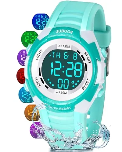 Juboos Reloj Digital Infantil para Niños y Niñas 5-16 Años con Alarma | Luz LED de 7 colores, impermeable hasta 50 m, cronómetro y correa suave ofrecen gran comodidad para el día a día