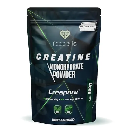 Foodelis Creatina creapure 500g en polvo - 100% creatina monohidratada creapure - Sin sabor, No-GMO, Pura sin aditivos -Incluye dosificador - Alta solubilidad