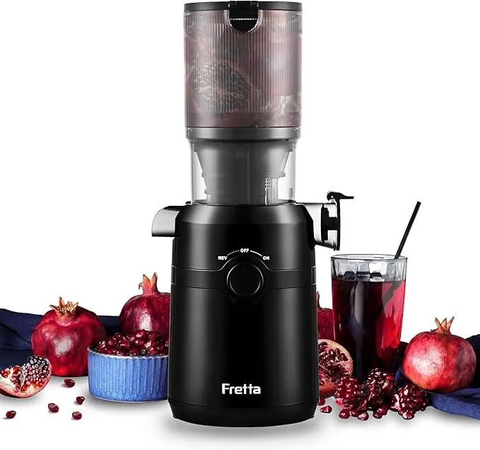 Fretta Extractor de Zumos y Verduras, Apertura de 108MM y Capacidad de 1L, Licuadora Prensado en Frio para Verduras Frutas Enteras, 200W Slow Juicer Machine, Fácil Montaje y Limpieza, Sin BPA (Negro)