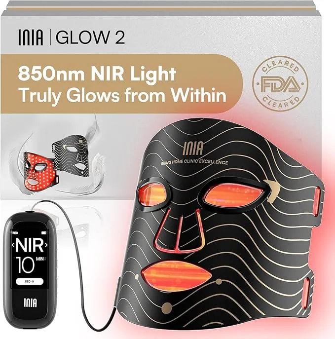 Máscara facial LED INIA: máscara de terapia de luz roja con 4 modos de luz, 850 nm NIR, terapia de LED roja y azul, 220 cuentas, máscara infrarroja recargable Longitud de onda
