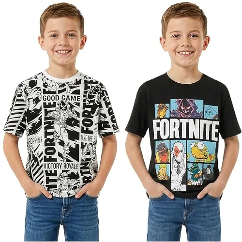 Fortnite Camisetas Niño 7-16 Años Pack de 2, Camiseta Manga Corta Niño Algodón, Ropa Verano Casual, Regalo para Gamer (9-10 Años, Negro/Multi Fortnite 2 Pck)