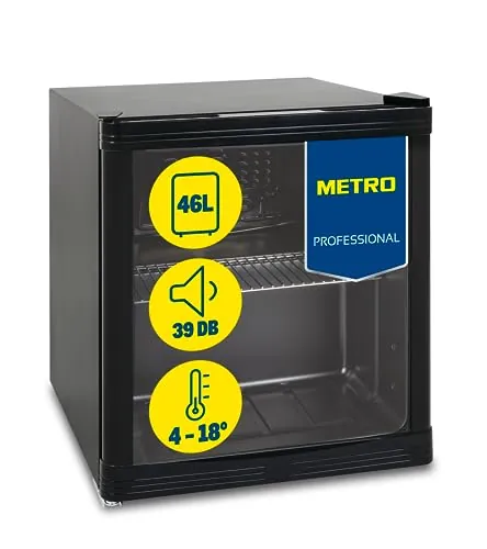 METRO Professional Mini Frigorífico GPC1046 con puerta de cristal, Inox, 43 x 48 x 51.5 cm, 46 L, Refrigeración por aire, negro