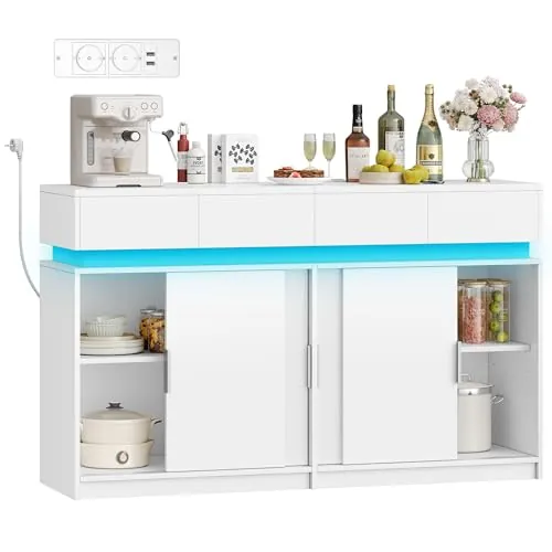 Hzuaneri Aparador, Armario de Cocina con 4 Puertas Corredizas, 4 Cajones