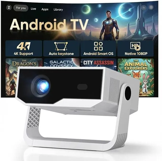 Upgraded 4K Proyector Portátil, 450 ANSI，Mini Proyector con Enfoque Automático y Corrección Keystone Automática + Soporte 270° Giratorio, 1080P Nativo, WiFi 6 y Bluetooth 5.4, Aplicación integrada