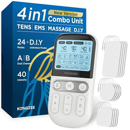 [4 en 1] D.I.Y Modos Electroestimuladores Musculares y Nerviosos, A/B Canales TENS/EMS de Masaje Terapia Maquina para Aliviar el Dolor/Cuello/Muscular Entrenamiento, 12pcs Almohadillas de Electrodos