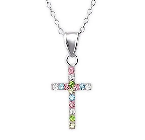 Niño/adolescente de plata de ley Collar con Cruz brillantes de colores piedras de cristal - 39 cm