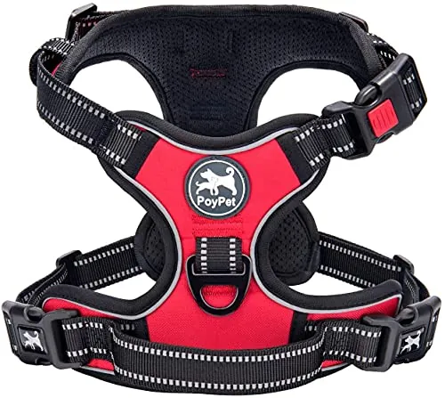 PoyPet arnés para perros sin tirones, chaleco reflectante frontal para mascotas con control fácil, asa y parte trasera perfecta para el entrenamiento diario, paseos, carrera (Rojo, XL)