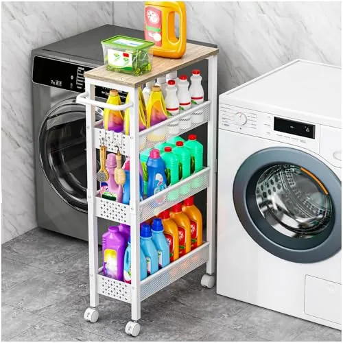 OrderlyGo Carrito de Cocina Estrecho de 4 Niveles, con Ruedas y Tablero de Madera, Carrito de Metal con asa para Espacios pequeños, Cocina, baño, salón, Color Blanco