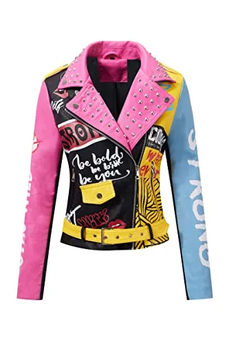 Giolshon Mujer Chaqueta de cuero sintético Remache tachonado Moto Floral Biker Abrigo de solapa corta 0375 Rosa 3XL
