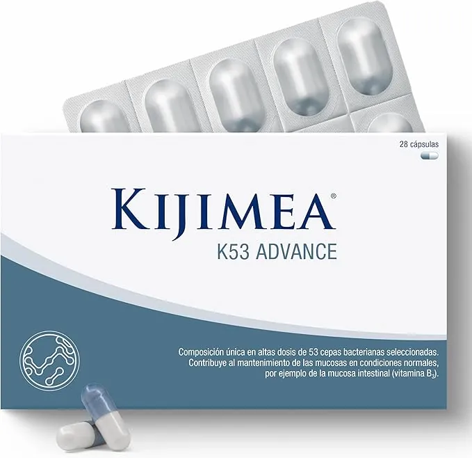 Kijimea K53 Advance - Cápsulas de bacterias intestinales de alta dosis, 53 cepas de microcultivos seleccionadas de la flora intestinal, con biotina, >500 mil millones de UFC por paquete - 28 cápsulas
