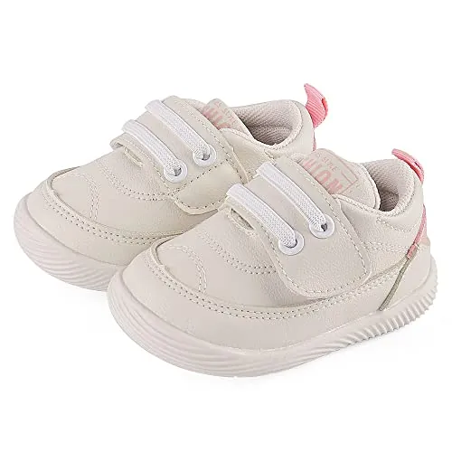 LACOFIA Zapatos Primeros Pasos Infantil Zapatillas de Deporte con Suela de Goma Antideslizante para Bebé Niñas Blanco/Rosa 19(CN 17)