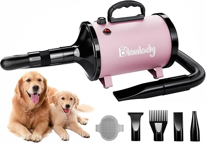 Secador de Pelo para Perros Blower Muy silencioso 4,5 CV / 3200 W Motor de Velocidad Ajustable, para el Cuidado de Perros con 4 boquillas Diferentes Manguera elástica y Cepillo de Cuidado