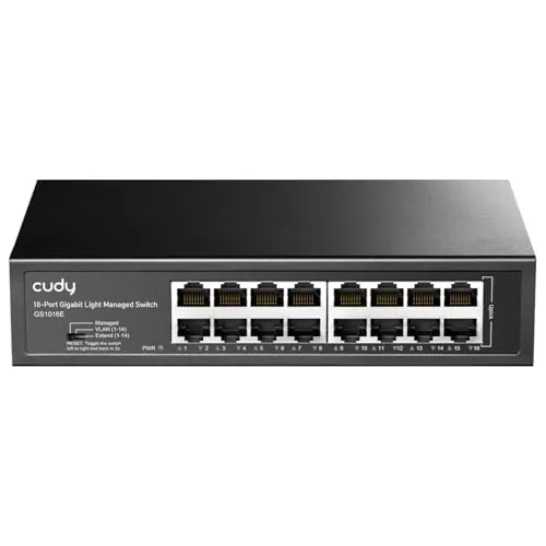 Cudy Switch Ethernet Gigabit 16 Puertos Easy-Managed AC, GS1016E | 16×GbE RJ45 conexiones, capacidad 32Gbps, Web UI, APP, control Cloud, VLAN/QoS, SNMP, DHCP, IGMP Snooping, montaje rack