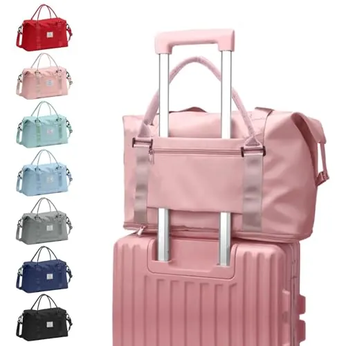 Bolsa de lona de viaje, bolsa deportiva impermeable para gimnasio para mujeres y hombres, 2025, transporte nocturno de fin de semana con bolsillo húmedo, Rosa, Grande, Bolsa de gimnasio de alta