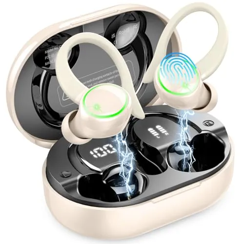 Auriculares Running Bluetooth 5.4, Auriculares Inalámbricos Deportivos con Gancho, 50H HiFi Estéreo, 4 Mic ENC, Pantalla LED, IP7 Cascos Bluetooth para Correr, Entrenar, Gimnasio y Deporte y Fitness