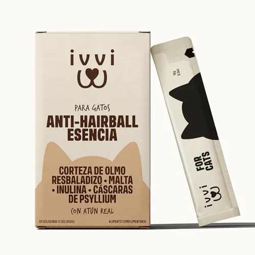 ivvi Anti Bolas de Pelo para Gatos – Anti-Hairball Esencia Crema Funcional con Malta, Olmo Rojo, inulina y psyllium – Ayuda a Eliminar Bolas de Pelo – 30x15g – con atún Real