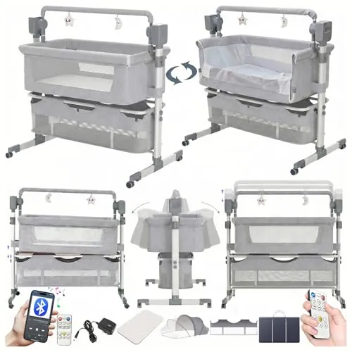 Doraystar Eléctrico Bluetooth Inteligente Cuna Colecho Bebe, Minicuna Colecho Bebe Plegable Convertible, Cuna Next to me con Colchon, Música, 5 Engranajes de Balanceo y Control Remoto (601 Mid Grey)