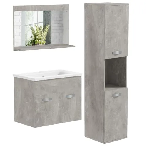 kleankin Conjunto de Muebles de Baño de Pared de 4 Piezas Gris | Incluye Espejo, Mueble de Baño con Lavabo Cerámico, Armario Alto con Estantes Ajustables, Estilo Moderno