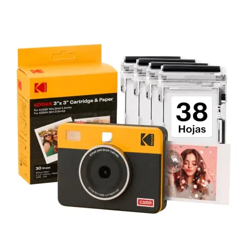 KODAK Mini Shot 3 Retro Cámara Instantánea 7,6×7,6cm, 38 Hojas, Amarilla