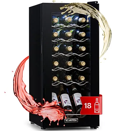 KLARSTEIN Shiraz Vinoteca Negro – 18 Botellas, 50 L, 1 Zona | Nevera para Vinos de Libre Instalación, Puerta de Cristal, Silenciosa, 5–18 °C, LED, Marco Inox