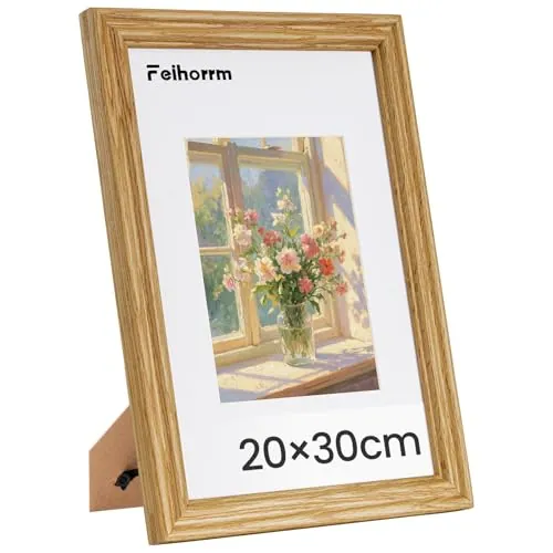 Feihorrm Marco de fotos vintage, madera maciza de roble, con cristal templado, para fotos de 20 x 30 cm sin paspartú o fotos de 12 x 17 cm con paspartú (beis, 20 x 30 cm)