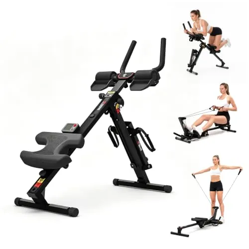 TOUSAINS Máquina de Abdominales 3 en 1, Remo Plegable y Poleas | Entrenador de Core, 4 Alturas y 2 Niveles de Resistencia | Gimnasio en Casa para Tonificación y Pérdida de Peso