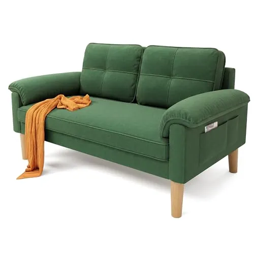 Xbro Sofá 2 Plazas con Reposabrazos y Bolsillo Lateral, Sofá Compacto de Tela para Salón, Apartamento u Oficina, Montaje Fácil, 145 x 77 x 77 cm,Verde