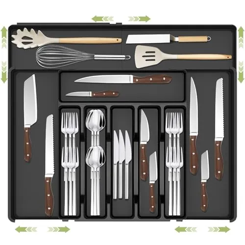 Charmofun Bandeja Cuberteros para Cajon Cocina, Organizador Cubiertos Extensible con 9 Compartimentos, Organizador Cocina Negro para Cucharas y Tenedores, Kitchen Organizer
