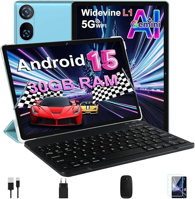 DMOAO Tablet 10 Pulgadas Android 15 con Gemini AI, 30 GB RAM + 2 TB ROM Expansión, 5G WiFi, GPS, Widevine L1, Octa-Core, BT 5.0, 6000mAh, USB-C, FHD Tablet con Teclado+ Ratón + Funda, Azul