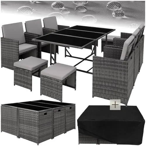 tectake® Conjunto Jardín Exterior de Ratán y Acero, Agrupable en Cubo, Muebles Jardín Exterior Resistente a la Intemperie, para 6-10 Personas, Fundas Extraíbles y Funda Protectora - Gris Claro