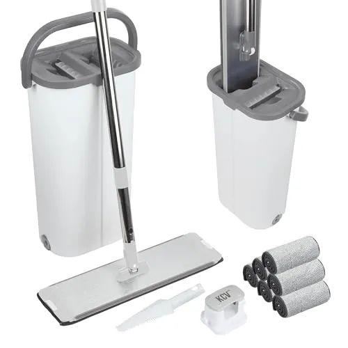 KCVONLINE Mopa Fregona con Cubo Escurridor dos Compartimentos 6 Recambios | Agua limpia y sucia separadas | Mopa XL ancho 39cm | Limpiar más superficie en menos pasadas | Mango Inox |Clip con ventosa