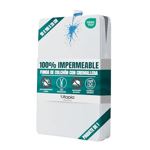 Funda Integral Colchón Impermeable con Cremallera 90 x 190 x 20 Antiácaros | Protector de Colchón Antiácaros y Antichinches, Certificado Oeko-Tex, con Cierre de Cremallera – Utopia Bedding