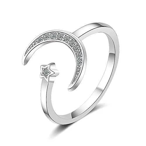 Wedity Crescent Moon Star Anillos Anillo de cristal brillante de plata con anillo de dedo de apertura ajustable para mujeres y niñas