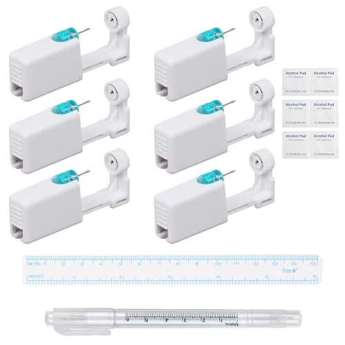 cxxtkcxxlc Set de 6 Pistolas para Perforar Orejas, Perforador de Orejas con Pendientes, Incluye una regla y un rotulador, Herramienta para Hacer Pendientes DIY para Unisex
