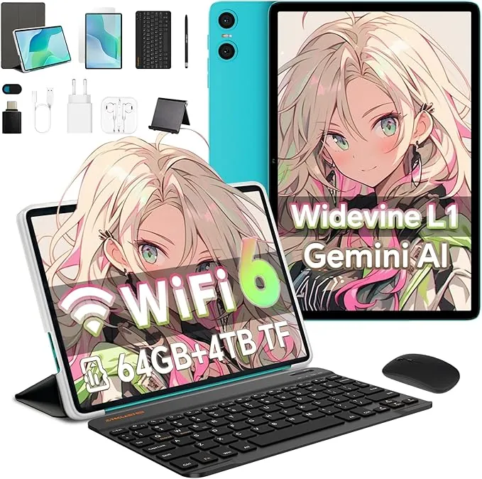 TECLAST P33 Tablet 10 Pulgadas Android 15, Gemini AI, 64 GB + 4TB TF, 10 Accesorios | Widevine L1 | 6000mAh | WiFi 6 &BT 5.4 | Octa-Core| 3.5mm Jack, Tablet con Teclado + Lápiz + Funda + Auriculares