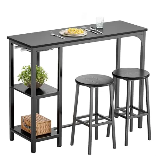 Bealife Juego de Mesa de Bar Alta con 2 Taburetes - Mesa Alta para Cocina o Salón con 2 Estantes y Portabotellas de Vino (Negro)