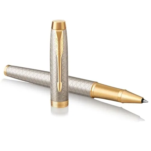 PARKER IM Bolígrafo Roller | Punto fino | color plata premium con adorno dorado | tinta negra | en estuche de regalo