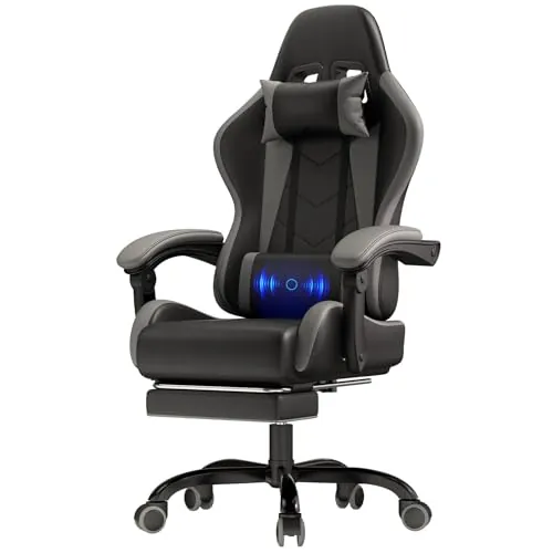 JUMMICO Silla Gaming Ergonómica con Masaje, Silla de Ordenador Reclinable 90-135° con Reposapiés, Silla de Trabajo Resistente 150 kg, Gris